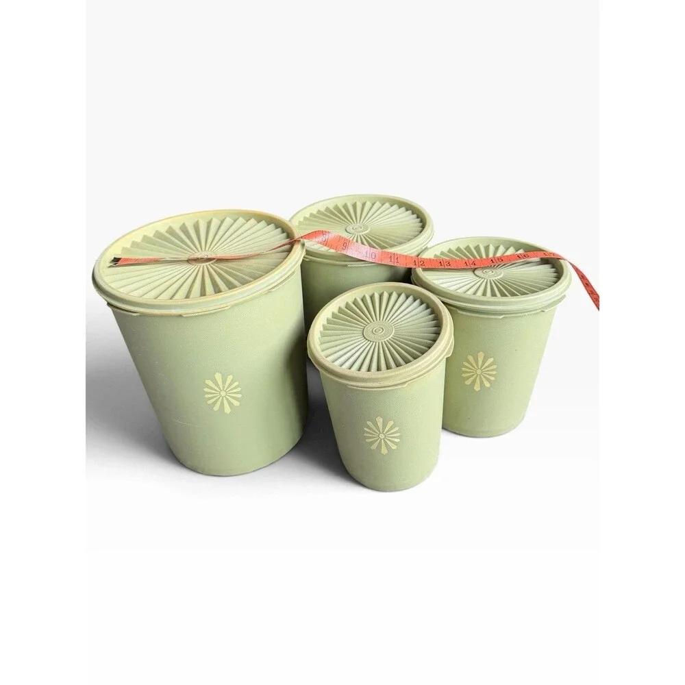 Vtg Tupperware Servalier Nesting Canister Set 1970s Retro Avocado Green Sunburst